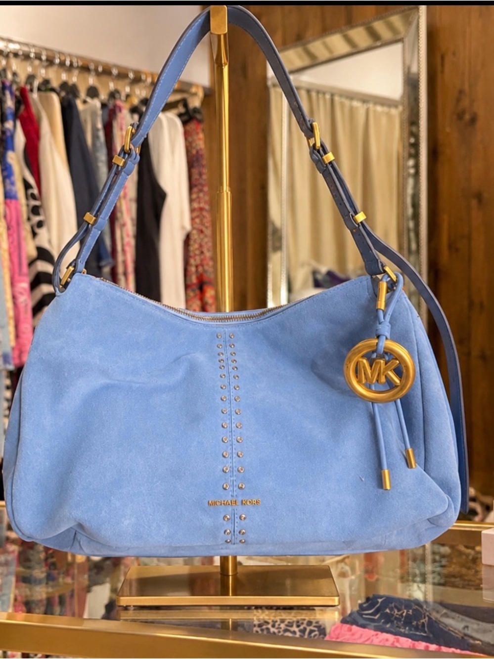 Michael Kors Sky Blue Suede Hobo with Gold MK Charm W 16 H 9.5